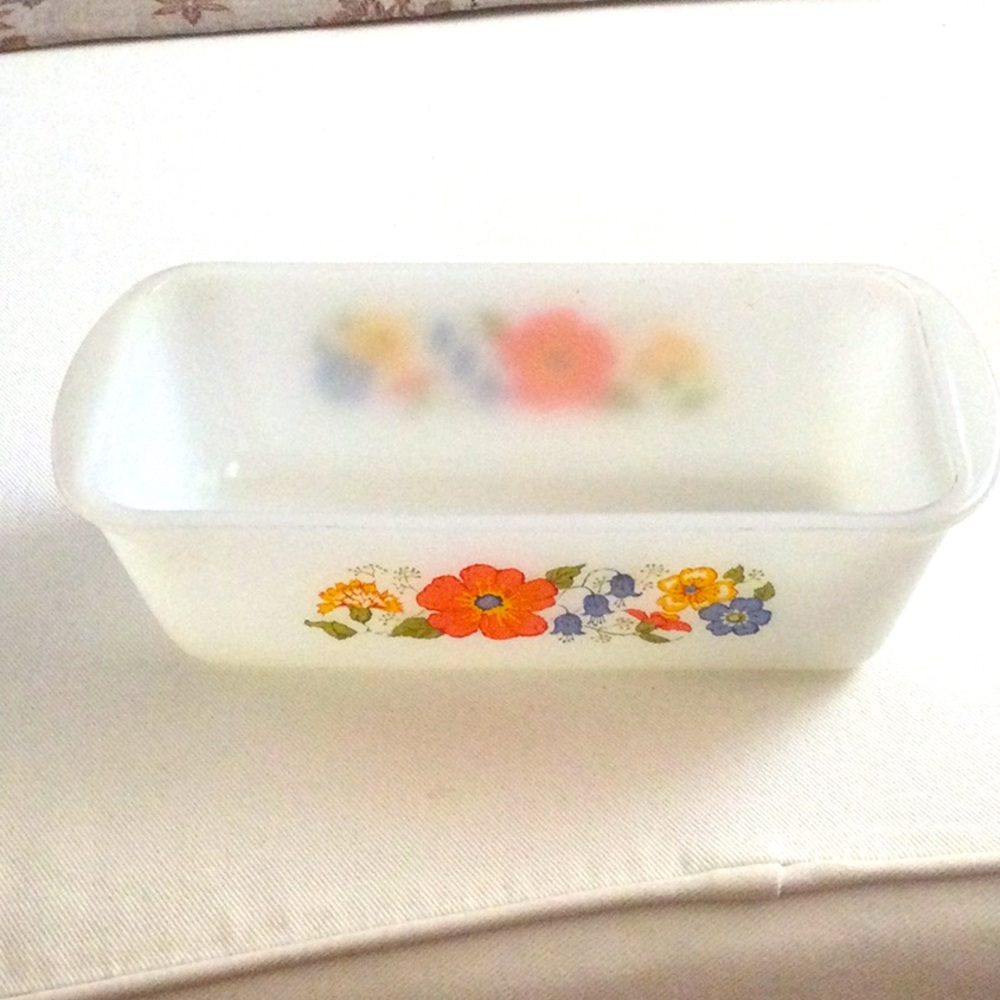Glasbake Vintage Floral Milk Glass Pan Cottage-Core pan for bread or meatloaf